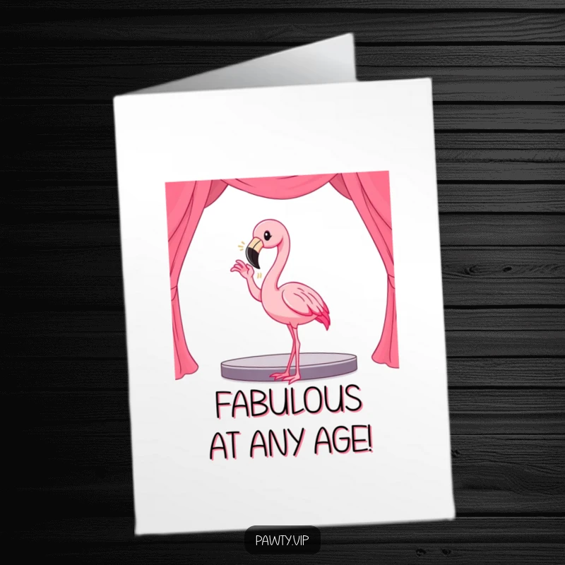 Funny Free Printable Birthday Card: Kawaii flamingo striking a dramatic, hilarious pose on a small stage, ready to celebrate.