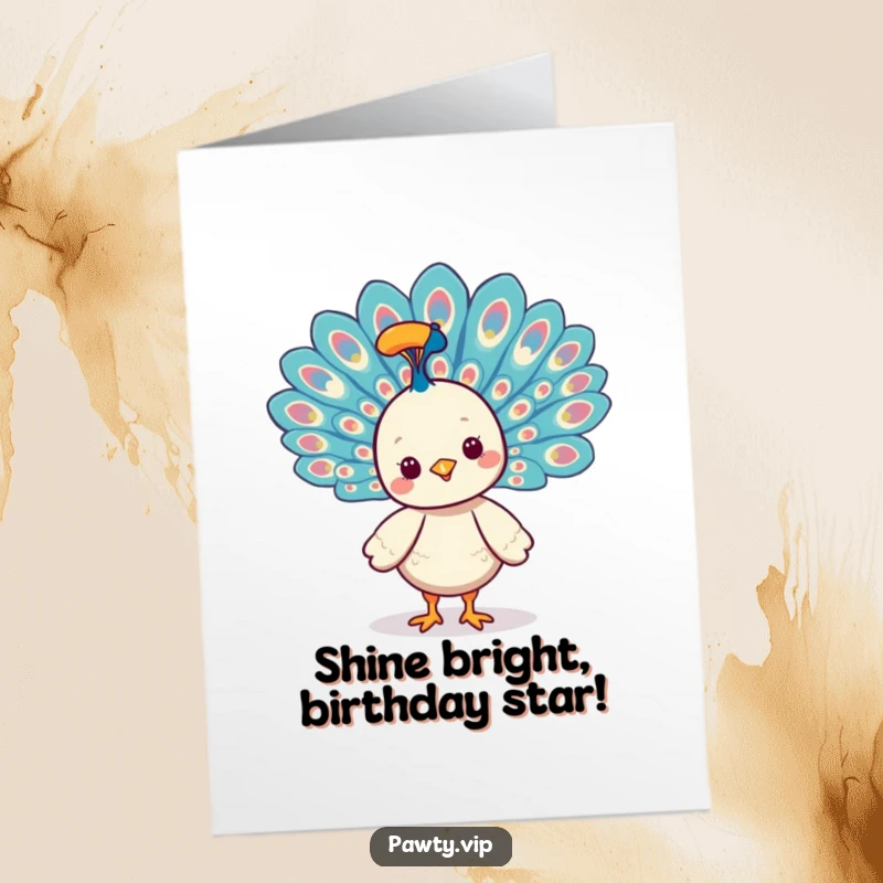 Funny Free Printable Birthday Card: Smiling Kawaii peacock fanning its vibrant tail feathers with pride and joy.