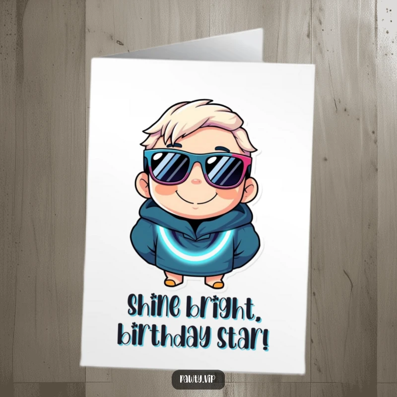 Funny Free Printable Birthday Card with a smiling character in neon sunglasses and flashing necklace, ready to party.