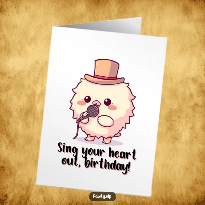 Funny Free Printable Birthday Card: Fluffy creature in a top hat holding a microphone, ready to sing their birthday song.