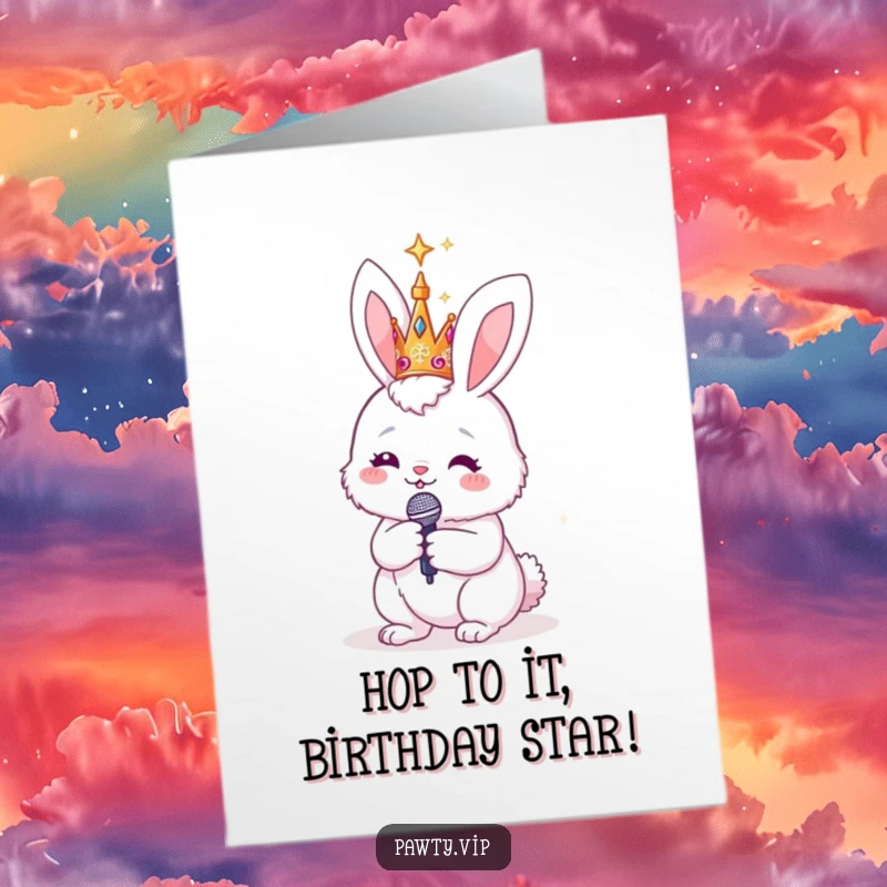 Funny Free Printable Birthday Card: Fluffy bunny with crown and mic, ready to belt out a birthday tune with flair.