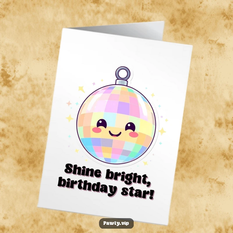 Funny Free Printable Birthday Card: Smiling disco ball spinning with colorful lights, ready to wish a happy birthday.