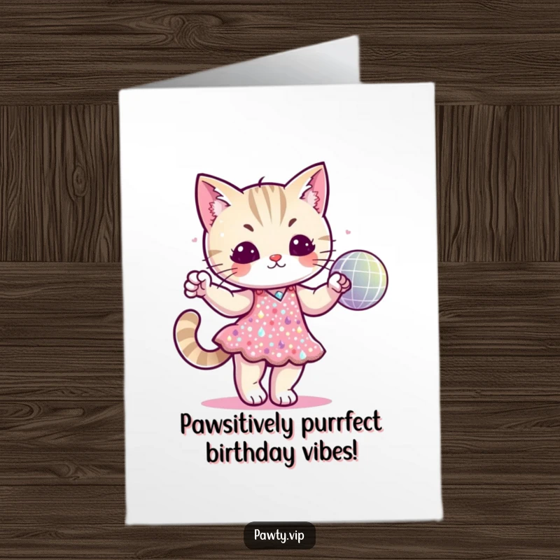 Funny Free Printable Disco Cat Birthday Card: Cat in sequined dress dancing with a disco ball. Glamorous downloadable greeting.