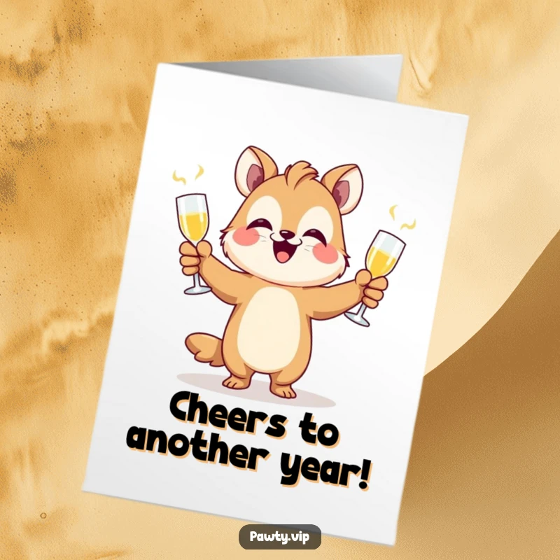 Funny free printable birthday card: a gleeful animal character expertly juggling multiple champagne flutes in mid-air.