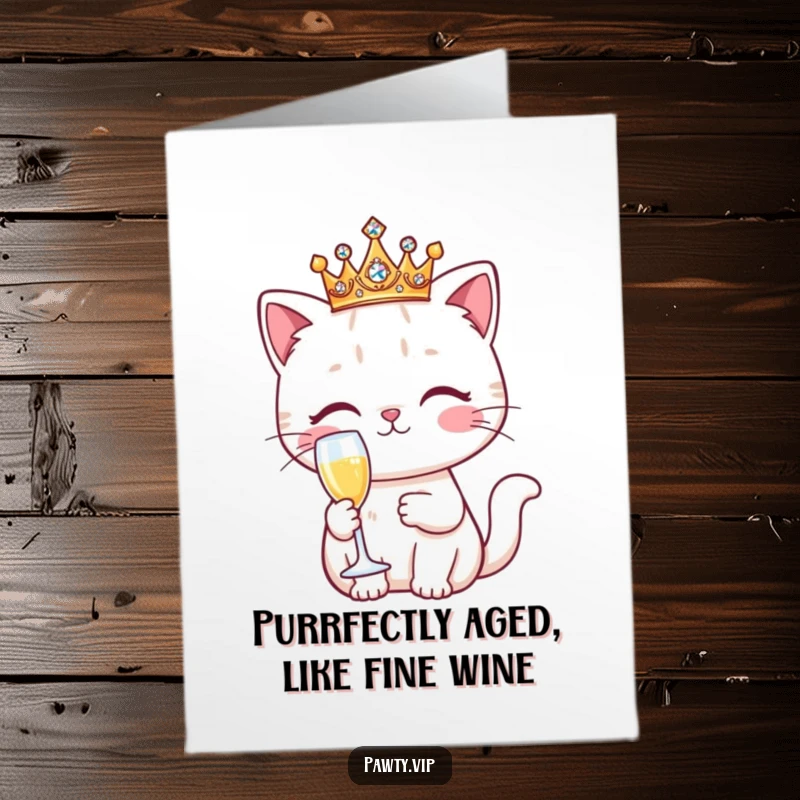 Funny Free Printable Birthday Card featuring a kawaii cat in a sparkling crown, holding a champagne flute, ready to celebrate royally.