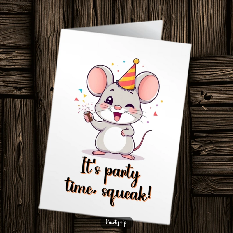 Funny Free Printable Birthday Card featuring a cheerful mouse with a party popper exploding with colorful confetti, wishing a happy birthday.