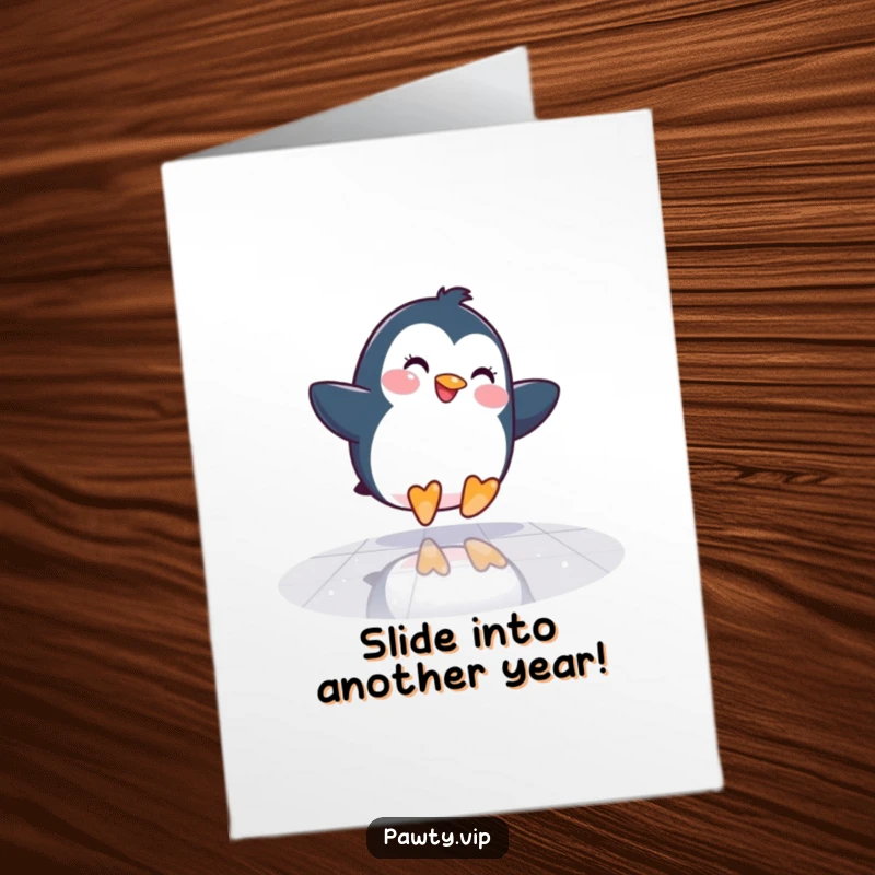 Funny Free Printable Birthday Card: A happy penguin joyfully slides across a mirrored dance floor, ready to party.