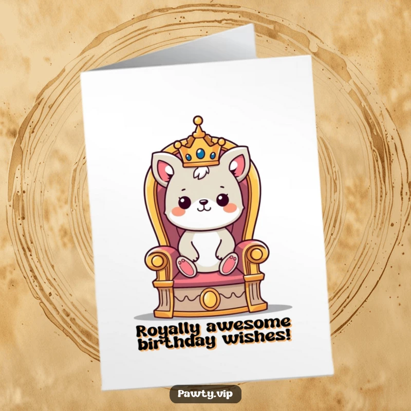 Funny Free Printable Birthday Card: Cute crowned animal king sitting on a throne, looking majestic and ready to party.