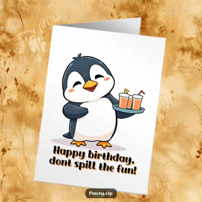 Funny Free Printable Birthday Card: Flustered penguin trips, spilling tiny drinks, with a look of alarm.