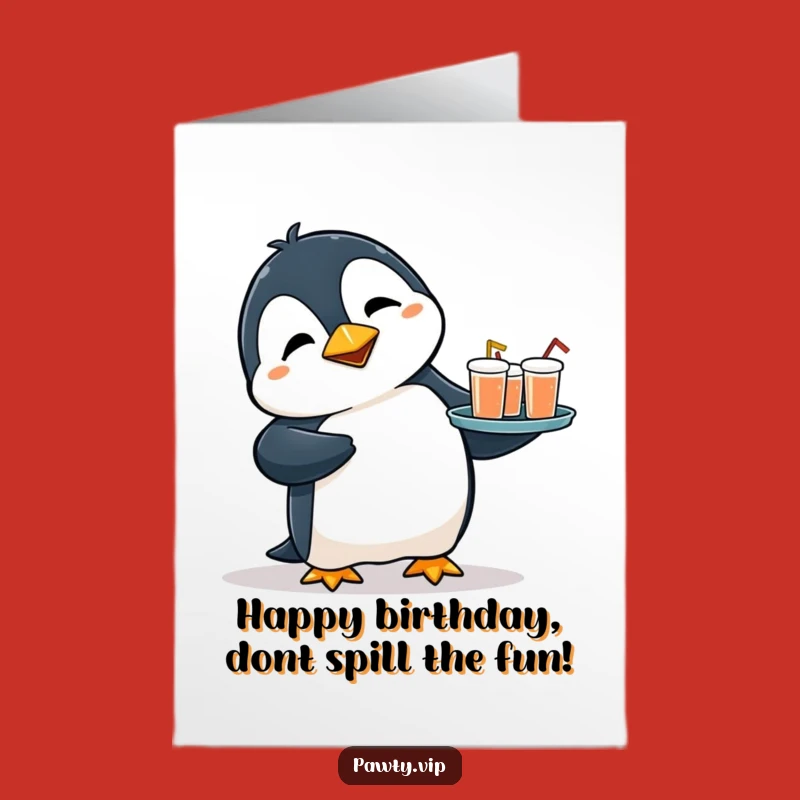 Free Printable Penguin Birthday Card: Tripping Drinks Hilarious Mishap