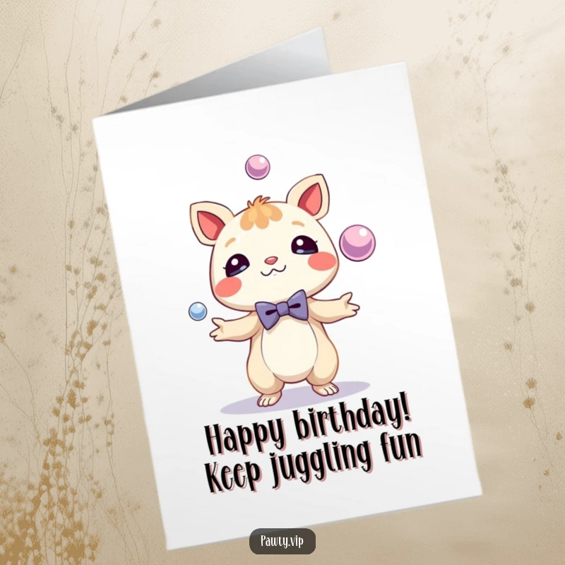 Funny Free Printable Birthday Card: A dapper creature in a tiny bow tie skillfully juggling shiny, colorful spheres for a festive occasion.