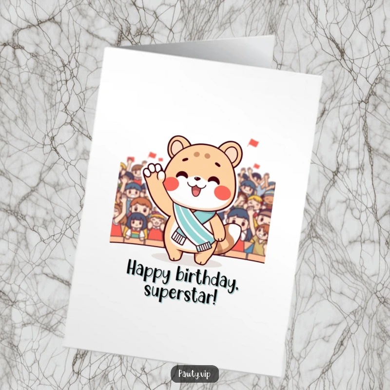 Funny Free Printable Birthday Card: Cute animal character wearing a miniature sash, joyfully waving at an adoring, cheering crowd.