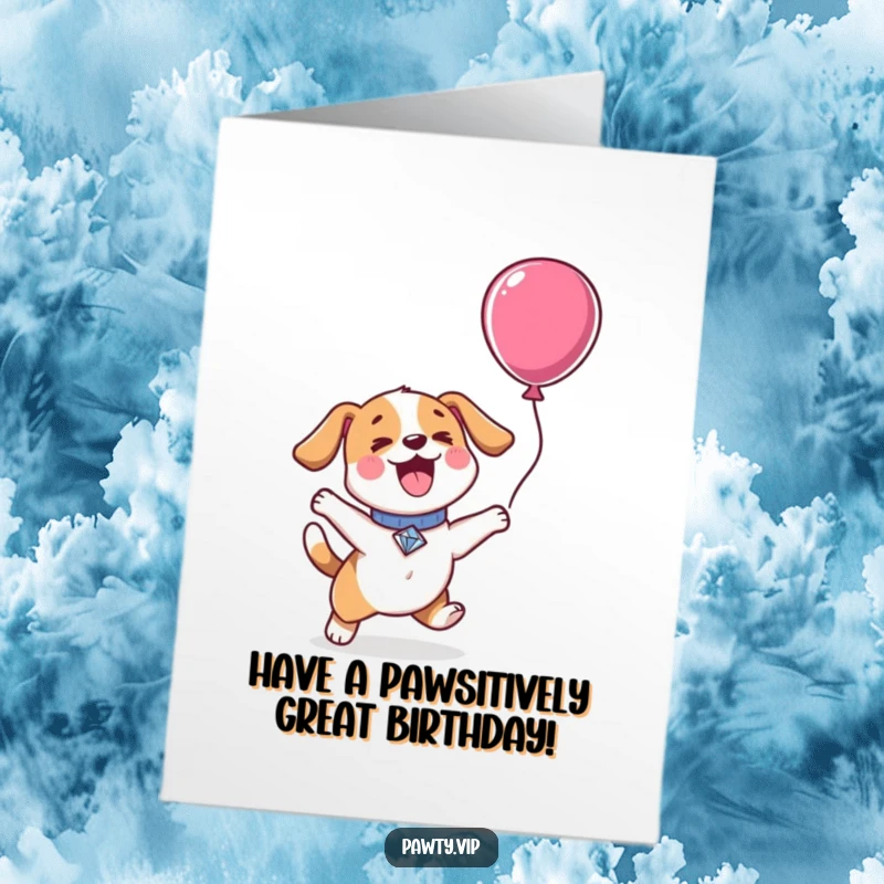 Funny Free Printable Birthday Card featuring a kawaii dog with a diamond collar, excitedly jumping towards a colorful balloon.