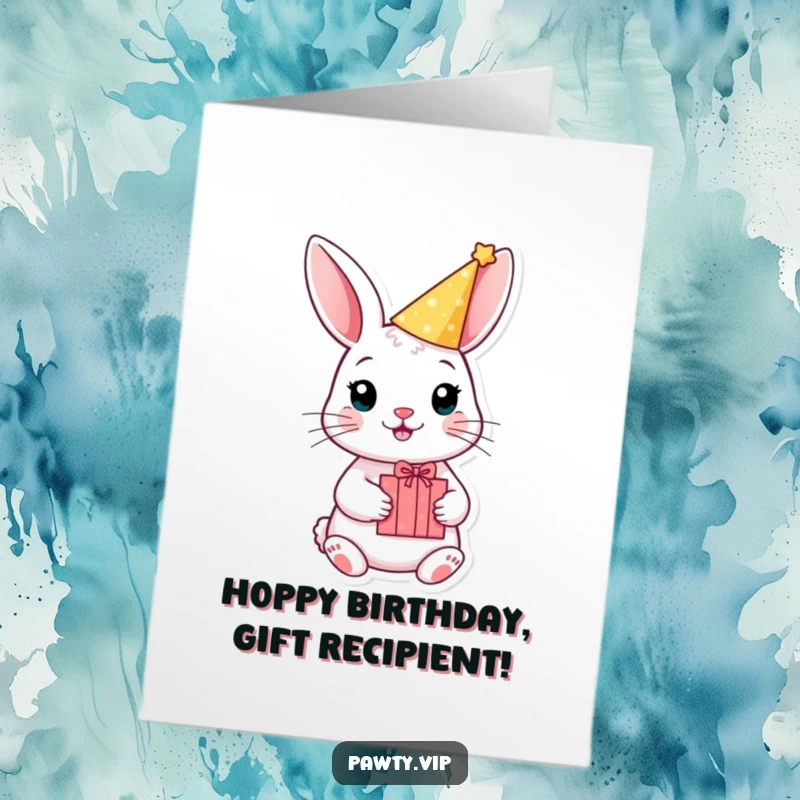 Funny Free Printable Birthday Card: Rabbit in party hat holds gift box, ready for birthday fun. A cute downloadable design.
