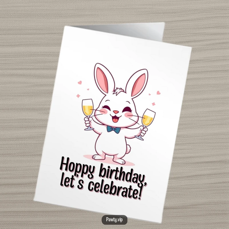 Funny Free Printable Birthday Card: A rabbit playfully juggles champagne glasses, ready for a wild celebration, downloadable.