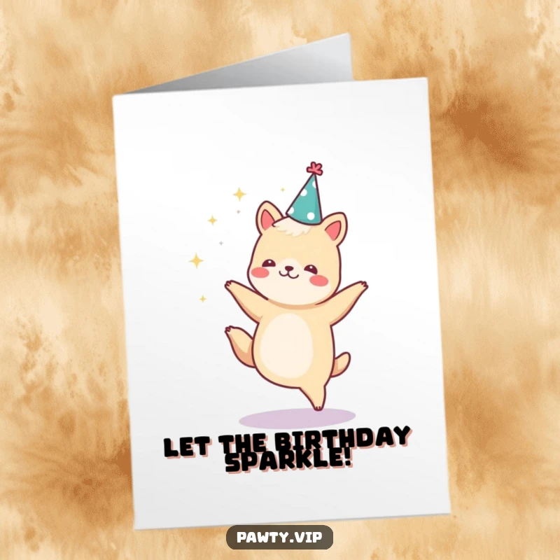 Funny free printable birthday card of a dancing animal in a party hat, surrounded by flying sparkles and pure joy.