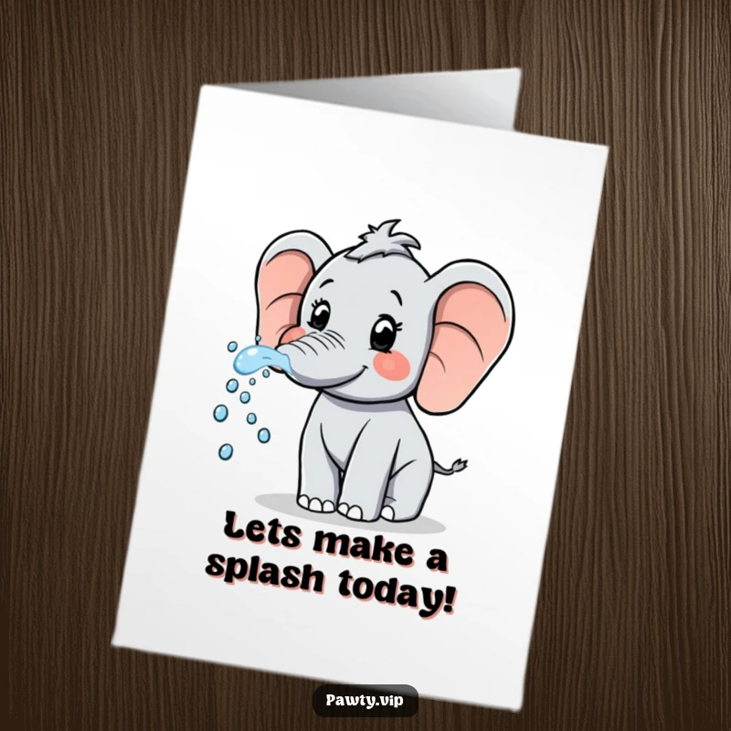 Funny Free Printable Birthday Card: A playful elephant joyfully sprays sparkling water from its trunk in celebration.