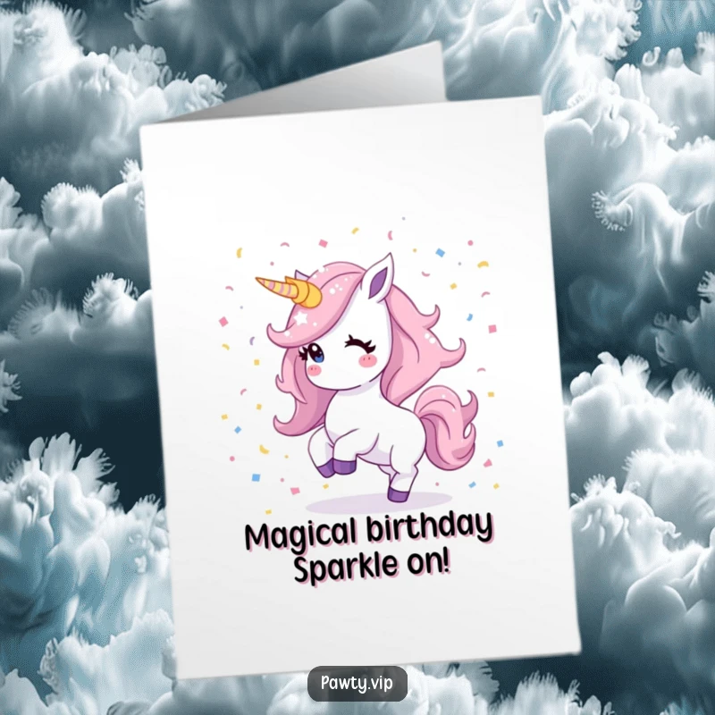 Funny Free Printable Birthday Card: Kawaii unicorn with shimmering mane joyfully dances in confetti, spreading birthday cheer.
