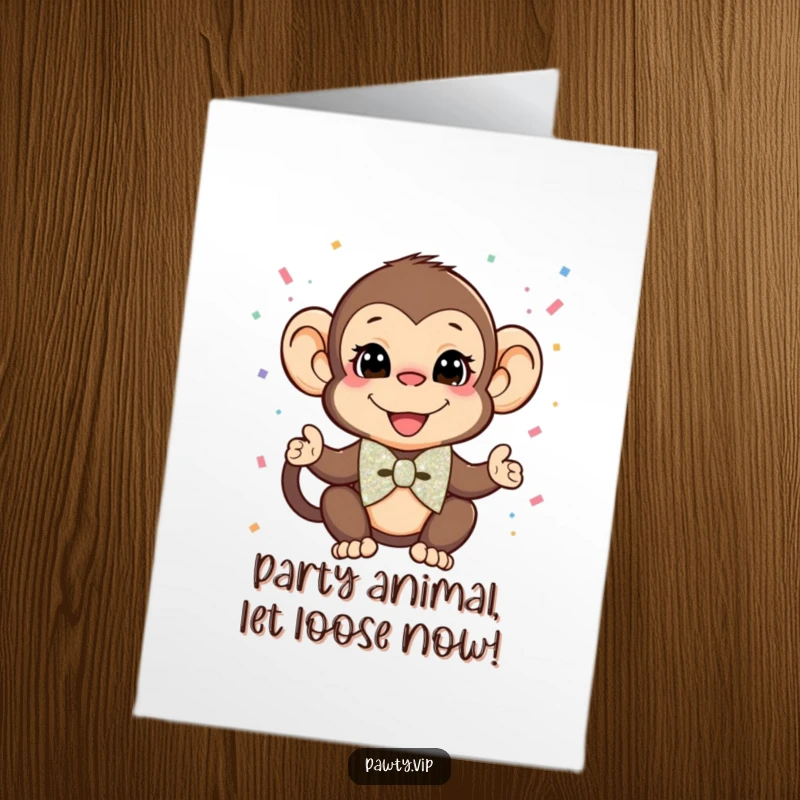 Funny Free Printable Birthday Card featuring a dapper monkey in a bow tie, joyfully throwing confetti with a glittery explosion.