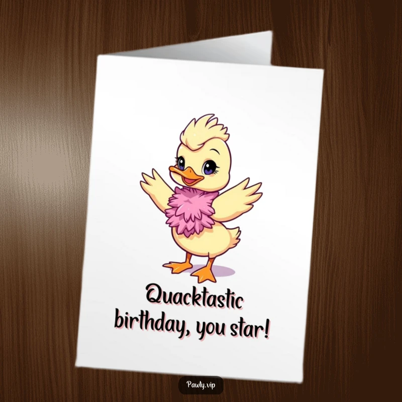 Funny Free Printable Birthday Card: Diva duck in feather boa strikes a pose, celebrating a fabulous birthday. Downloadable design.