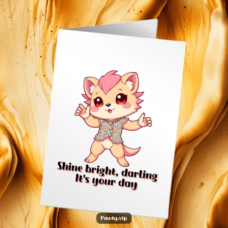 Funny Free Printable Birthday Card: Sequin creature in dazzling outfit striking a dramatic, sassy pose for party fun.