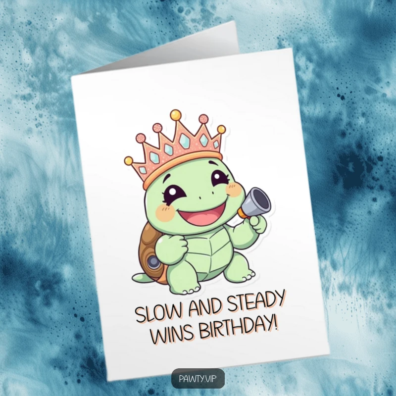Giggling turtle in a glitter crown with a noisemaker, celebrating a birthday, free printable card.