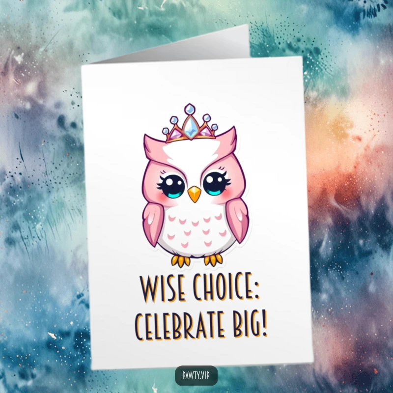 Funny Free Printable Birthday Card: A delighted owl proudly wears a sparkling jeweled tiara, ready for a regal celebration.