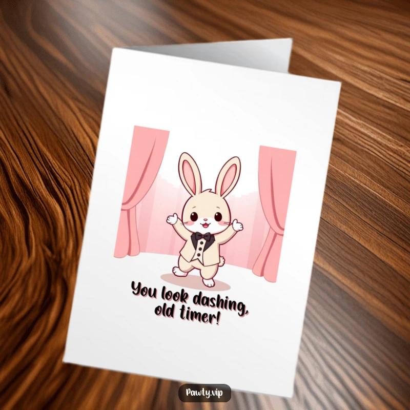 Funny Free Printable Birthday Card featuring a kawaii rabbit in a tiny tuxedo, dancing wildly on a stage, spreading birthday cheer.