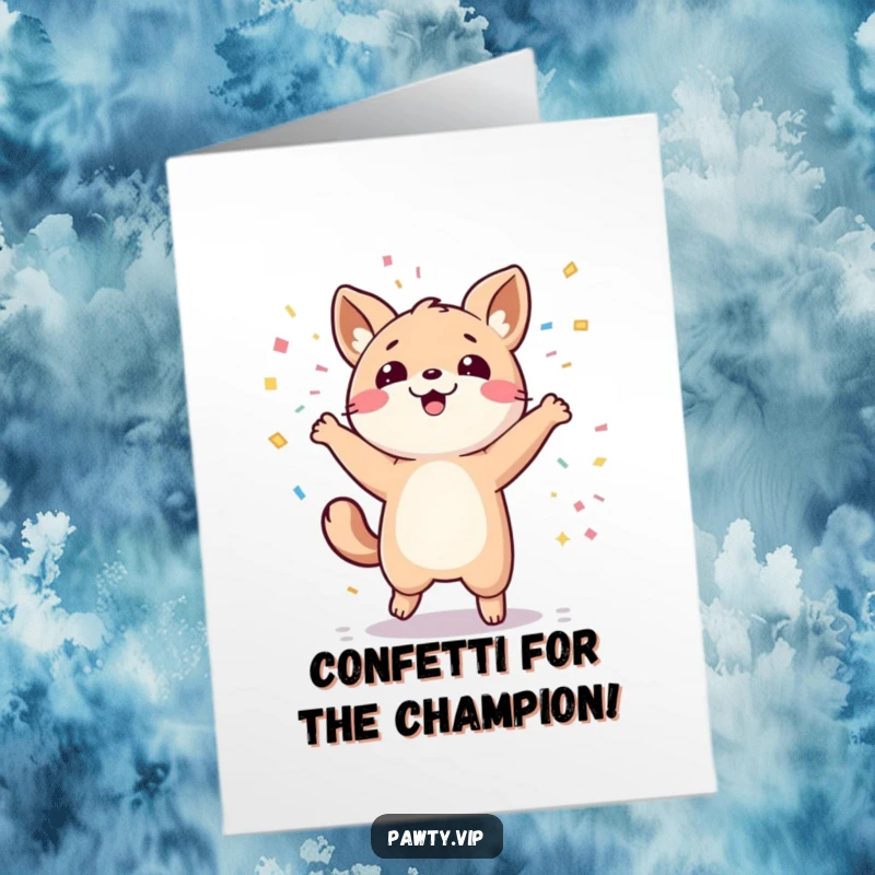 Funny Free Printable Congratulations Card: Kawaii animal dancing with abandon as colorful confetti falls around it.