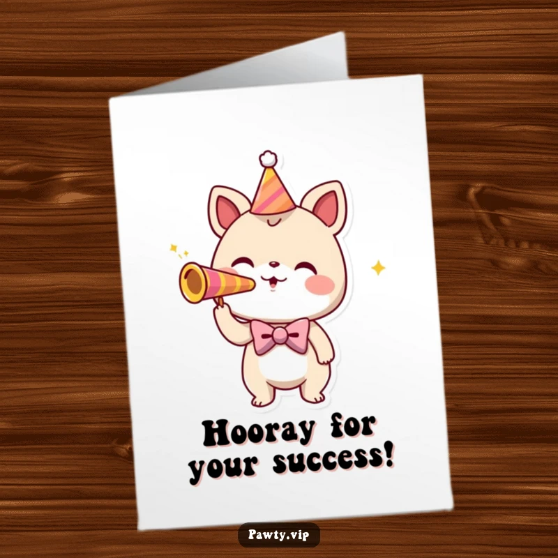Funny Free Printable Congratulations Card: Playful creature in a bowtie enthusiastically blowing a party horn to celebrate an achievement.