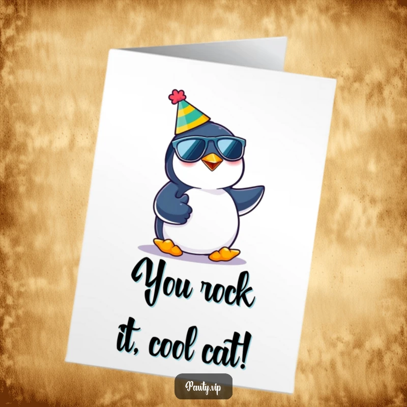 Funny Free Printable Congratulations Card: A kawaii penguin sports a party hat and sunglasses, flashing a confident thumbs up in celebration.