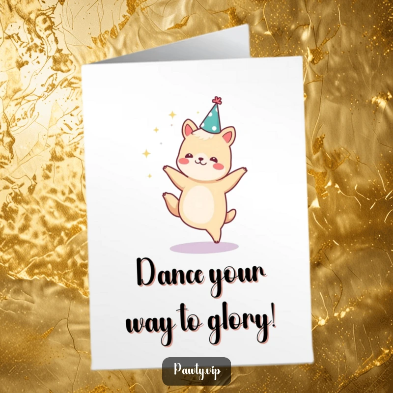 Funny free printable congratulations card featuring a joyful dancing animal in a party hat, with sparkles flying everywhere.