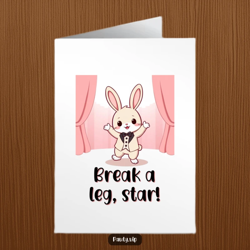 Funny Free Printable Congratulations Card showing a kawaii rabbit in a tuxedo, energetically dancing on a stage, celebrating an achievement.