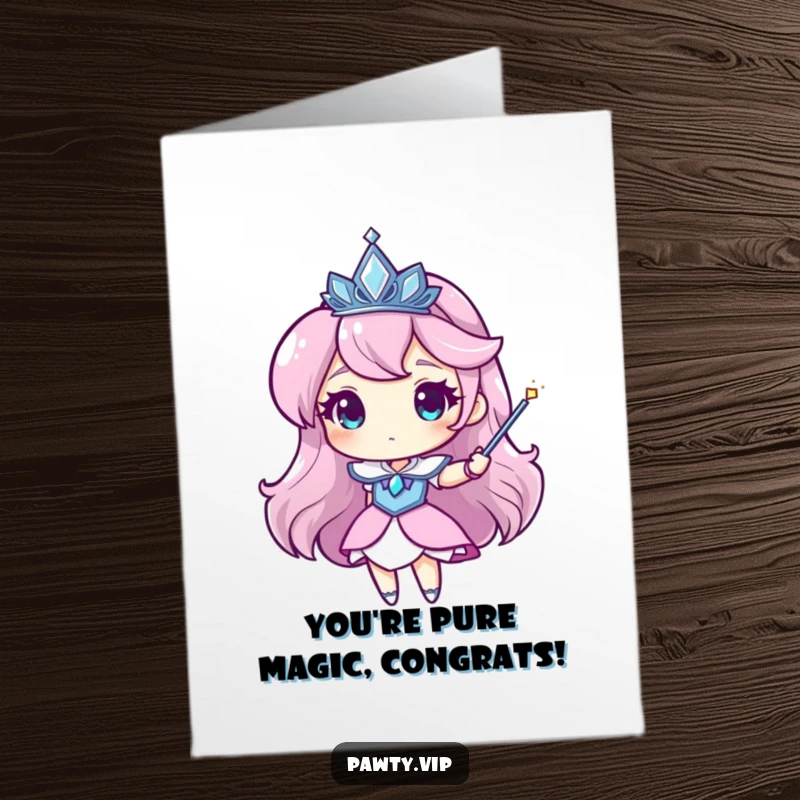 Funny Free Printable Congrats Card: Character in a sparkling tiara waving a magic wand, casting a success spell, perfect DIY downloadable.