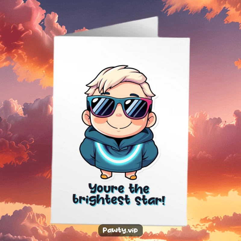 Funny Free Printable Congratulations Card with a smiling neon character, wearing sunglasses and a flashing necklace, celebrating big.