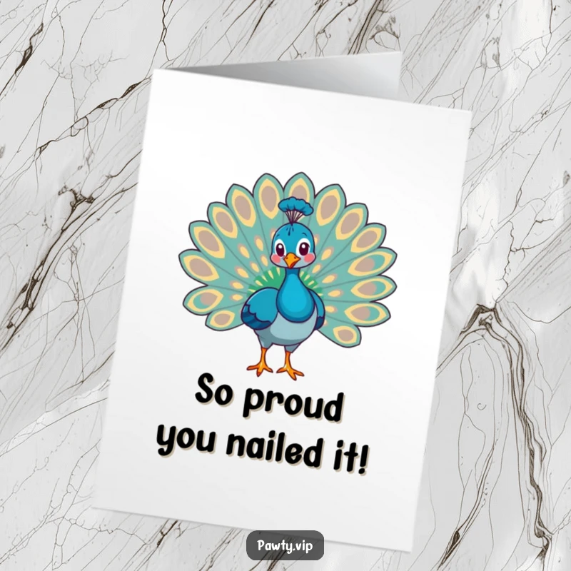 Funny free printable congratulations card of a proud peacock fanning its impressive tail feathers to celebrate an achievement.