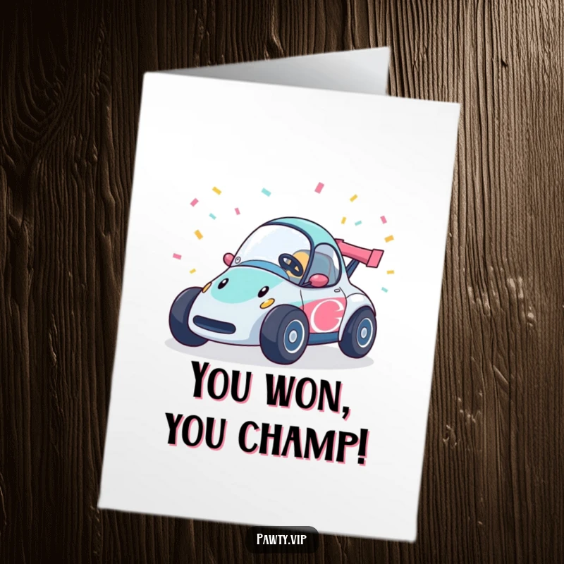 Funny Free Printable Congratulations Card: A happy race car speeds along with confetti streamers, celebrating a triumphant win.