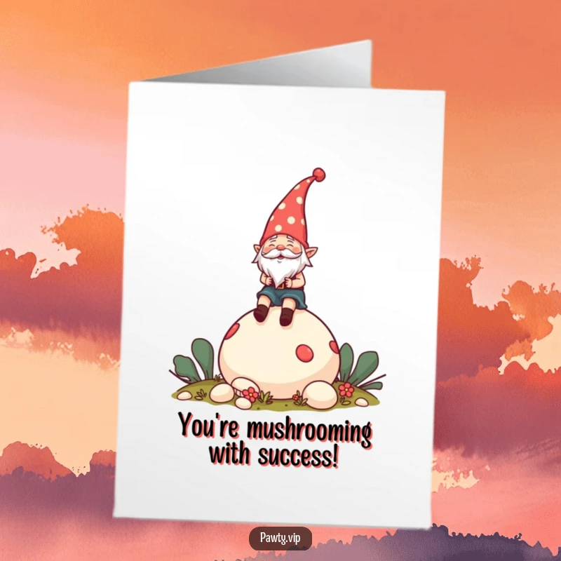 Funny Free Printable Congratulations Card: Cheerful gnome wearing a party hat riding a giant mushroom, celebrating success on a whimsical journey.