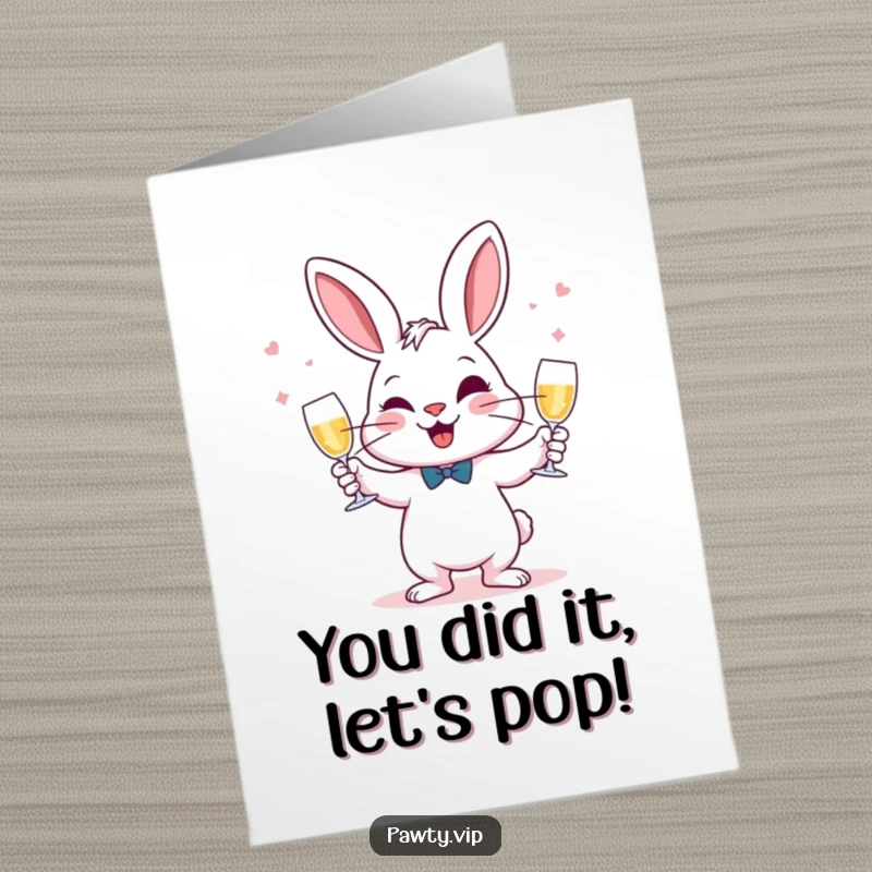 Funny Free Printable Congratulations Card: A rabbit masterfully juggles champagne glasses, celebrating big wins with a cheeky grin, downloadable.