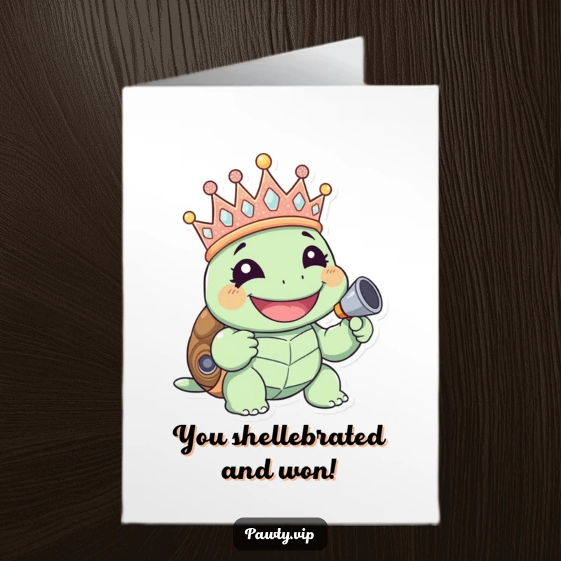 A giggling turtle wearing a glitter crown, blowing a noisemaker in celebration, free printable.
