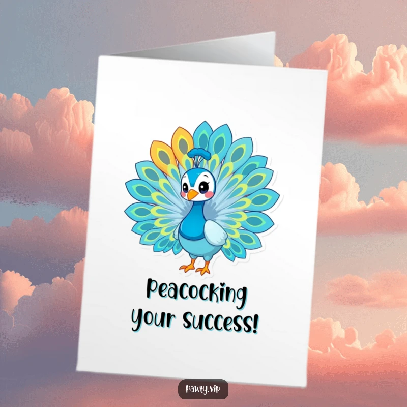 Funny Free Printable Congratulations Card with a proud peacock displaying its vibrant, fanned-out feathers, signifying grand success.