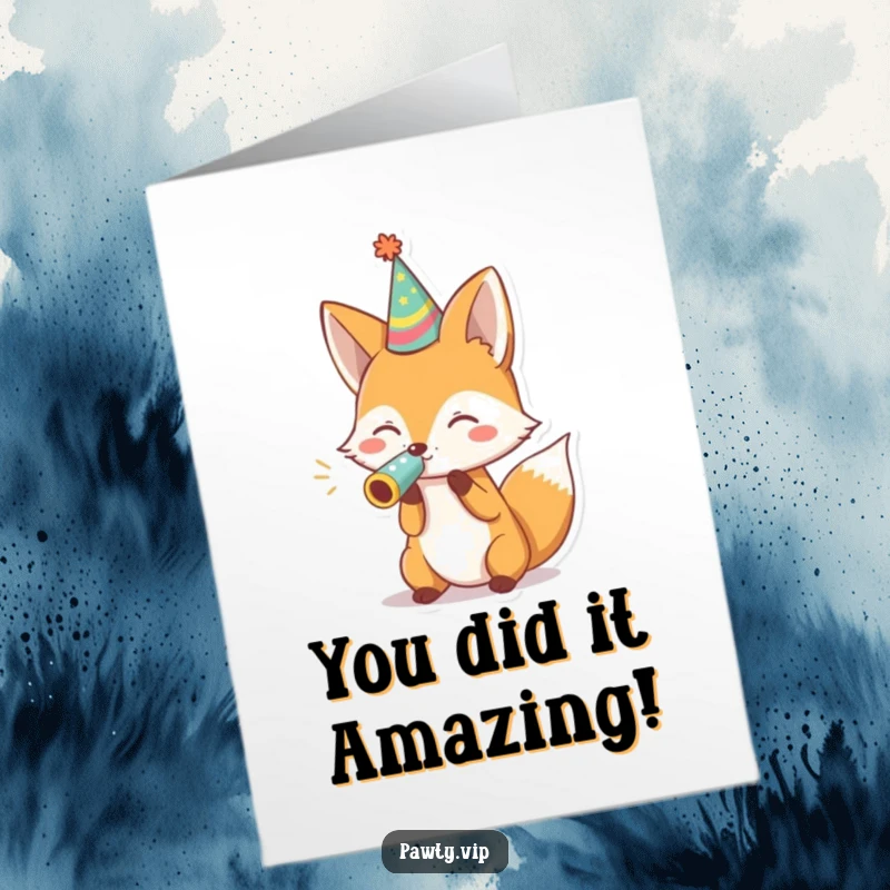 Funny Free Printable congratulations card: a fox in a party hat blows a noisemaker, celebrating an amazing achievement with pure joy.
