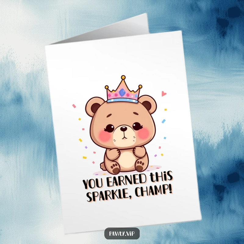 Funny Free Printable Congratulations Card: Adorable bear in crown blows confetti, celebrating success. A festive downloadable design.