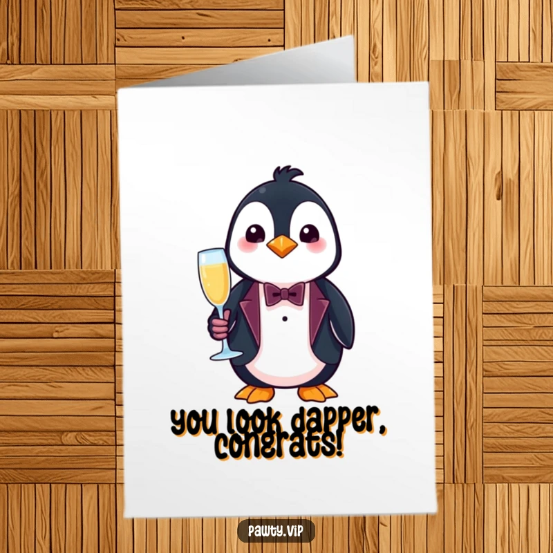 Funny Free Printable Congratulations Card showing a penguin in a tuxedo toasting with champagne, celebrating a great success.