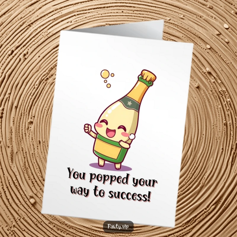 Funny Free Printable Congrats Card: Joyful champagne bottle popping its cork with excitement, celebrating a success.