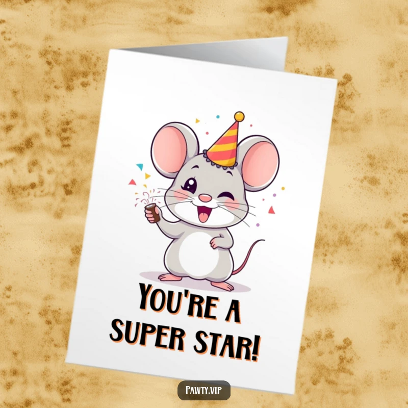 Funny Free Printable Congratulations Card showing a happy mouse activating a party popper, showering confetti to celebrate success.
