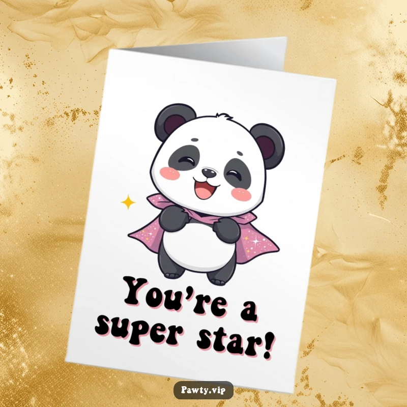 Funny Free Printable Congratulations Card: A panda character giggles gleefully while sporting a shiny sparkly cape.