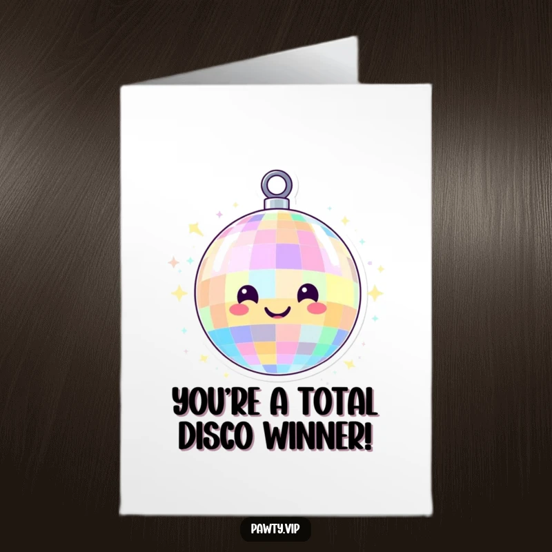Funny Free Printable Congrats Card: A smiling disco ball spinning with vibrant colorful lights, perfect for any celebration.