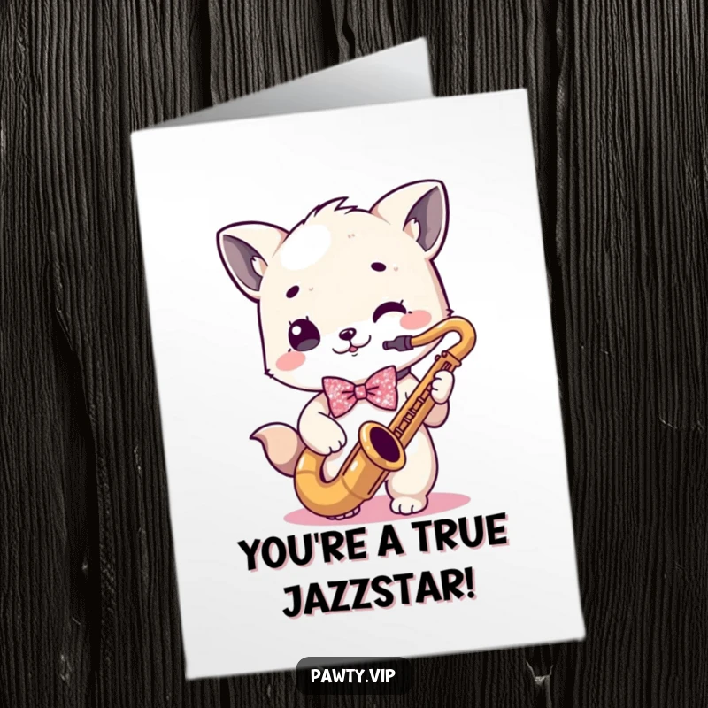 Funny Free Printable Congratulations Card: Kawaii animal sporting a sparkly bowtie plays a saxophone with gusto.