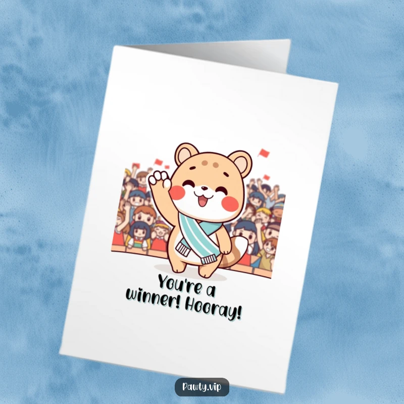 Funny Free Printable Congratulations Card: A cute animal wearing a sash waves proudly to a cheering crowd, celebrating a big achievement.